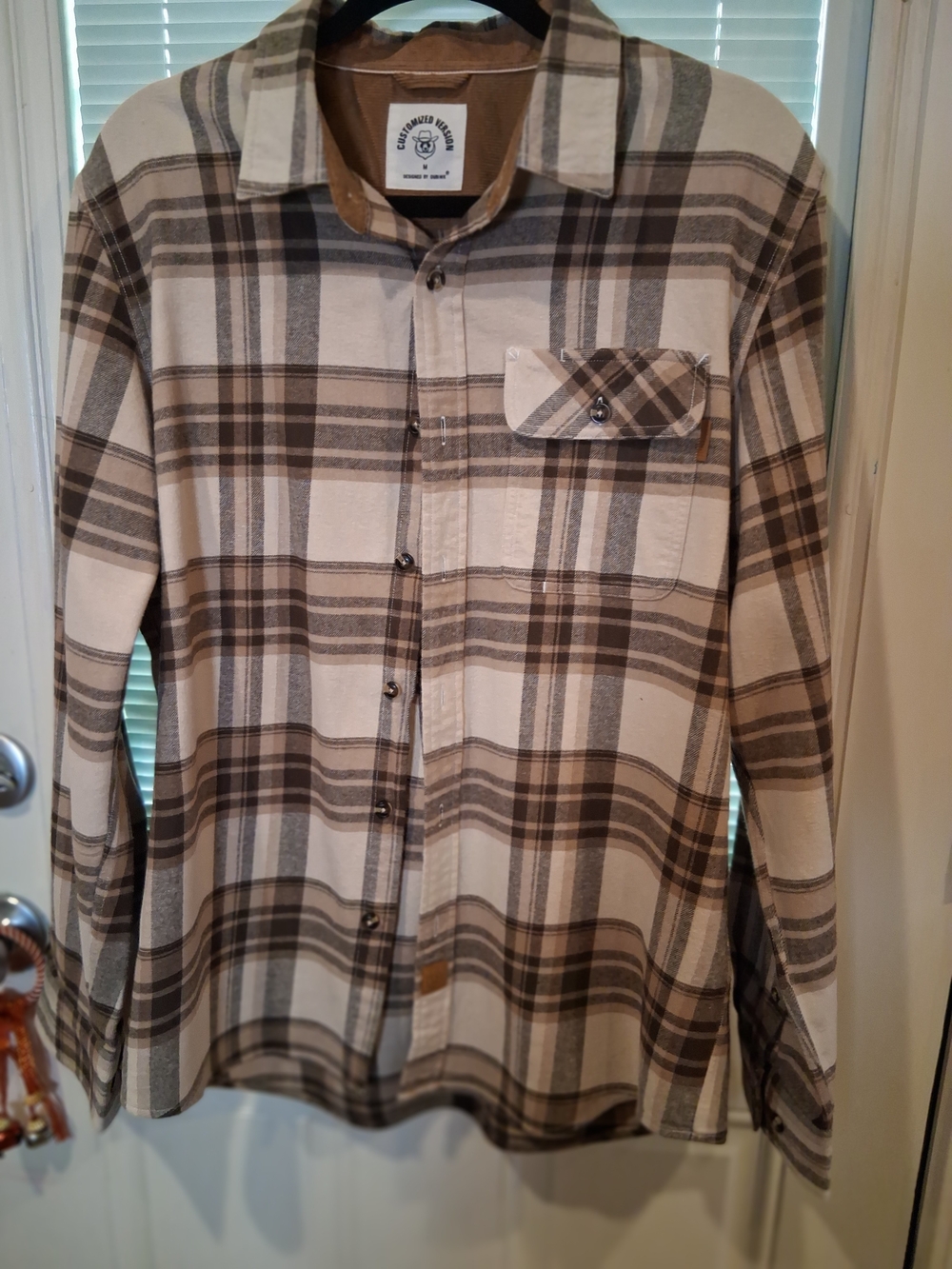 sku128 Dubink Custom Version Men's Plaid Button-Down Shirt - Cream  Brown Size M